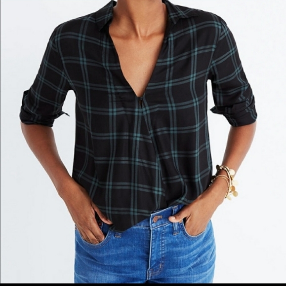 Madewell Tops - Madewell Navy & Green Plaid Wrap Front Flannel